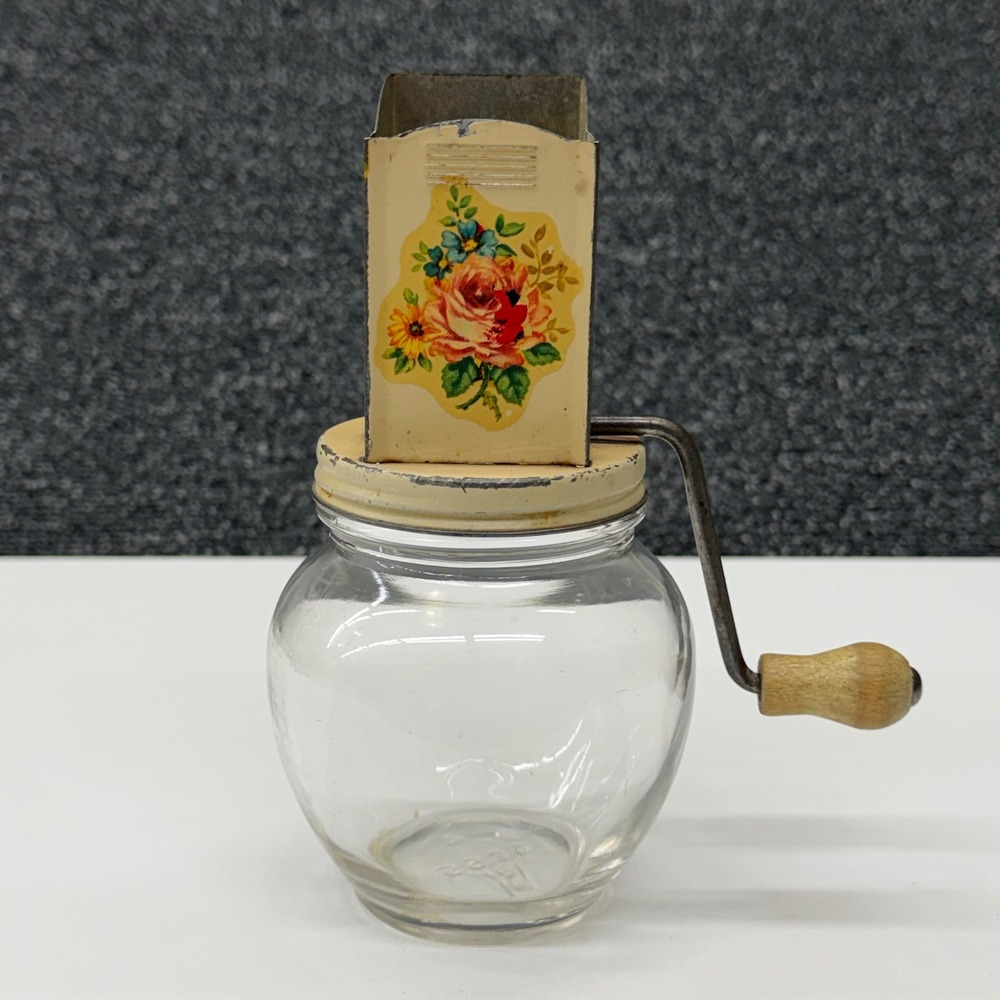 Vtg Floral Nut Meat Chopper Hand Crank Glass Jar Cream Metal Rose Decal 1930s